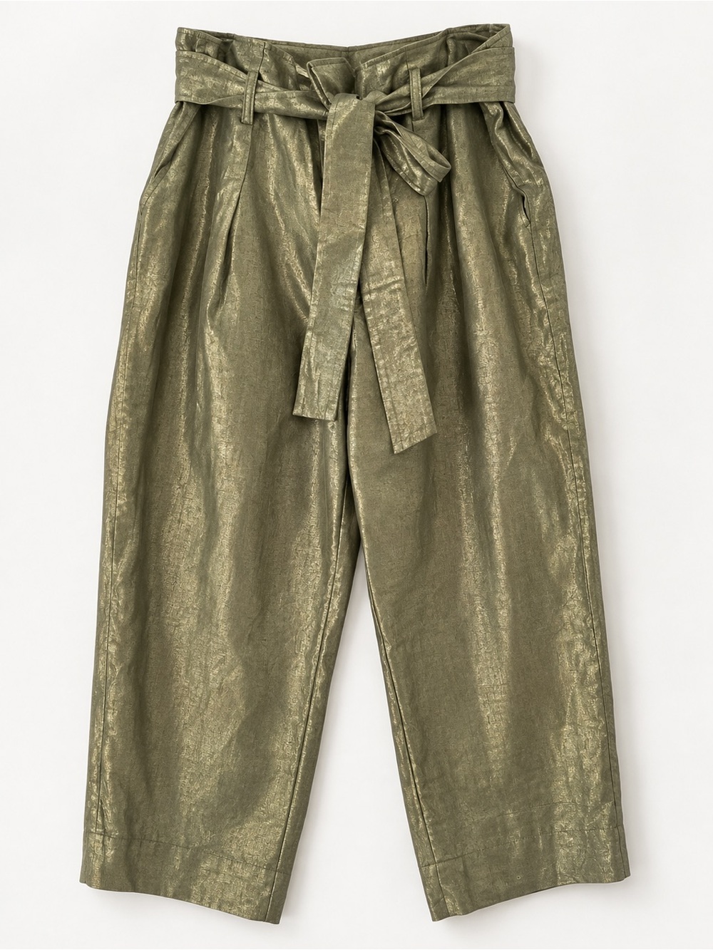 Lauren Ralph Lauren High-Waist Paperbag Metallic Olive Pants with Tie Belt